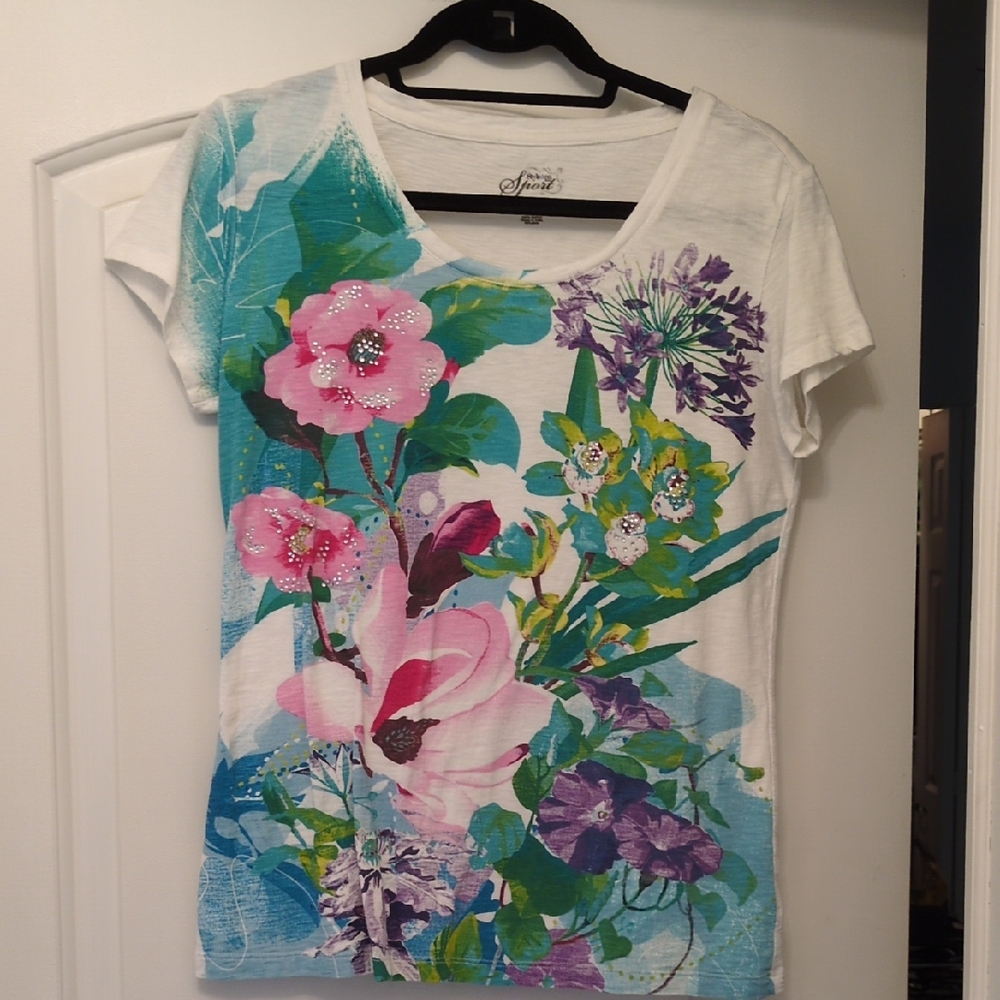 Style & Co. Floral Short Sleeve Top - White, Pink, and Blue